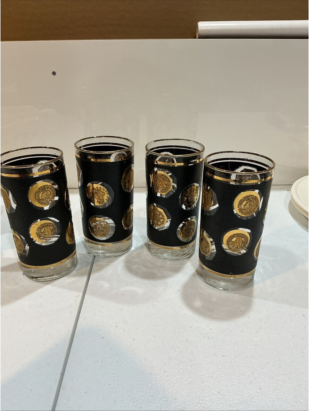VINTAGE MID CENTURY LIBBEY TEXTURED BLACK/ 22k GOLD COIN TUMBLERS SET 4